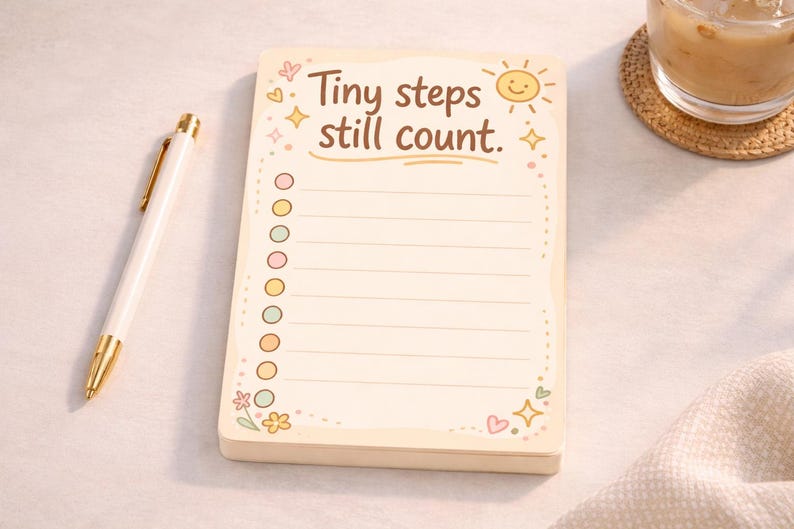May include: A notepad with the text "Tiny steps still count." features a lined interior and a decorative border with hearts, stars, and flowers. A white and gold pen rests beside the notepad. A drink in a glass is on a coaster in the background.