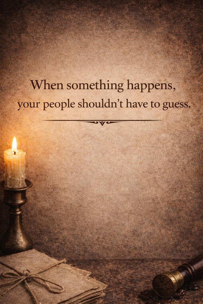 May include: A textured brown background features the printed text: When something happens, your people shouldn't have to guess. A lit candle in a metallic holder sits on the left, with a stack of tied paper and a wax seal stamp on the bottom.