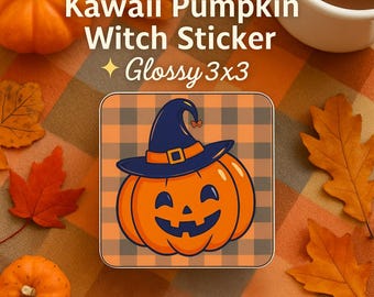 Pegatina de sombrero de bruja de calabaza kawaii: vinilo brillante para Halloween