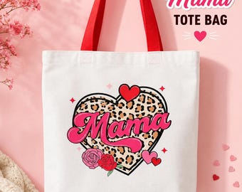 Bolso tote Mama Leopard Heart, de lona blanca reutilizable.