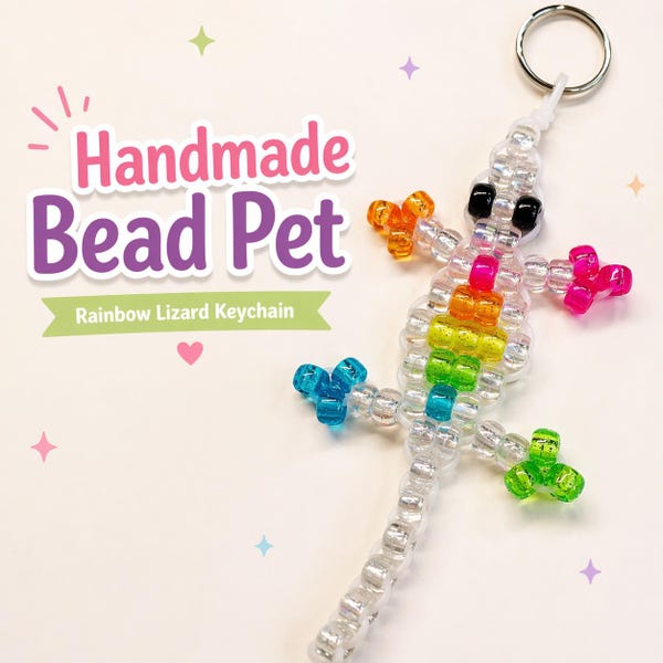 Llavero de lagarto arcoíris con cuentas / Animal de poni hecho a mano con cuentas / Adorno para bolso estilo Kawaii de los 90