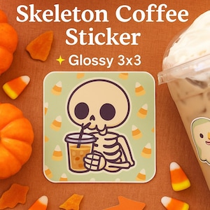 Skeleton Coffee Sticker: Spooky Cute Halloween Vinyl Decal for Laptops, Journals & Water Bottles
