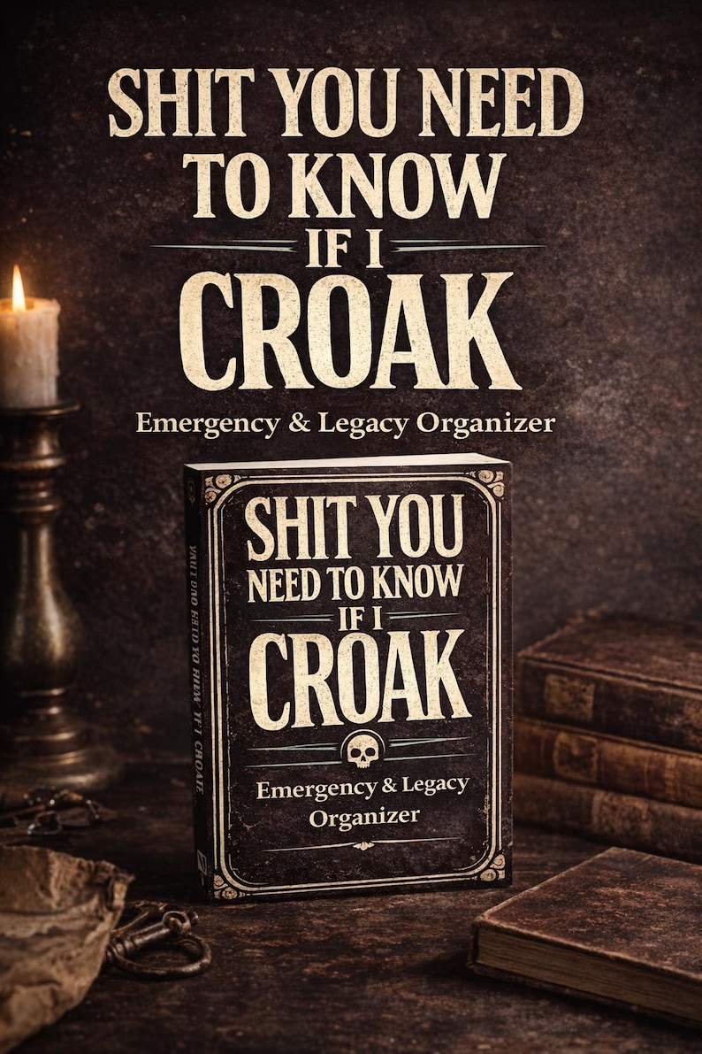 May include: A black rectangular book titled SHIT YOU NEED TO KNOW IF I CROAK Emergency & Legacy Organizer with white serif lettering and a small skull icon on the cover. The book features decorative border details and a dark, aged aesthetic.