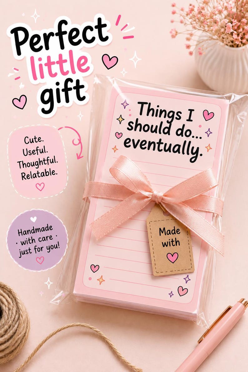 May include: A stack of light pink lined note paper wrapped in clear plastic with a light pink satin ribbon tied in a bow. A small brown kraft paper tag attached to the ribbon reads Made with a heart icon. The top sheet says Things I should do... eventually.