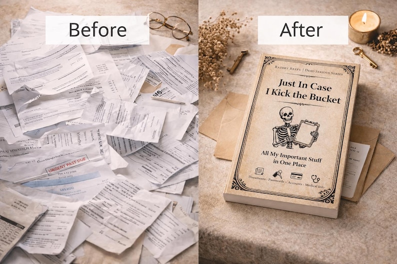 K&ouml;nnte beinhalten: Ein geteiltes Bild, das links einen ungeordneten Haufen wei&szlig;er Papierbelege mit der Aufschrift Before und rechts ein beigefarbenes Buch mit dem Titel Just In Case I Kick the Bucket, einer Skelettillustration und dem Untertitel All My Important Stuff in One Place zeigt.