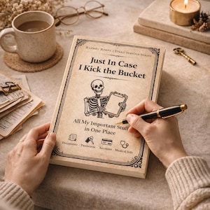 K&ouml;nnte beinhalten: Ein beigefarbenes Buch mit dem Titel Just In Case I Kick the Bucket aus der Dead Serious Serie. Das Cover zeigt eine Skelett-Illustration, die ein Klemmbrett h&auml;lt, sowie Symbole f&uuml;r Dokumente, Passw&ouml;rter, Konten und medizinische Informationen.