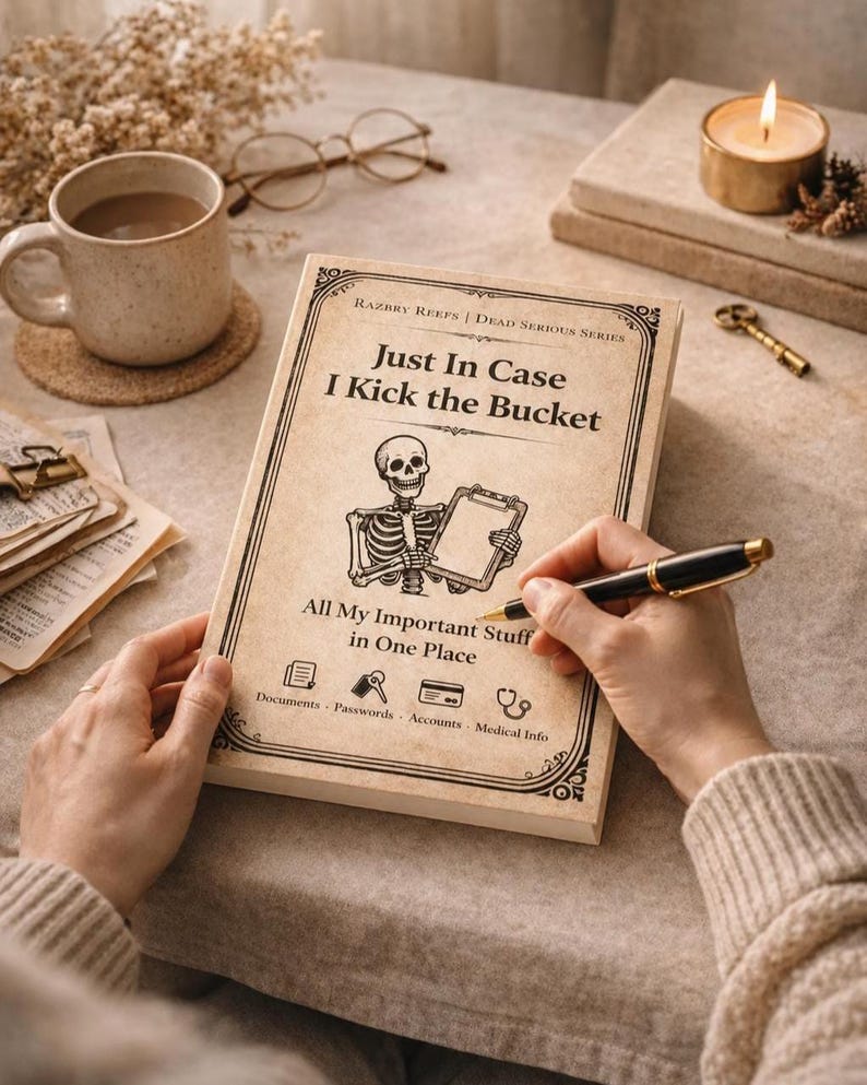 K&ouml;nnte beinhalten: Ein beigefarbenes Buch mit dem Titel Just In Case I Kick the Bucket aus der Dead Serious Serie. Das Cover zeigt eine Skelett-Illustration, die ein Klemmbrett h&auml;lt, sowie Symbole f&uuml;r Dokumente, Passw&ouml;rter, Konten und medizinische Informationen.
