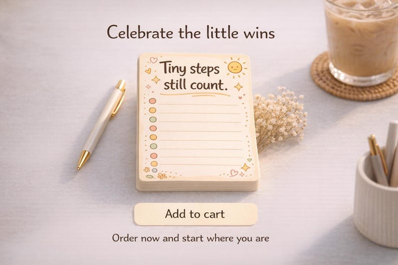 K&ouml;nnte beinhalten: Ein rechteckiger Notizblock mit cremefarbenem Hintergrund, der den Text "Tiny steps still count." und eine Checkliste mit bunten runden Aufz&auml;hlungspunkten enth&auml;lt. Der Block ist mit kleinen Sonnen-, Herz- und Sternillustrationen verziert.