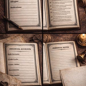 May include: A vintage-style journal featuring four open pages with headings including Medical Overview, The First 24 Hours, Financial Accounts, and Personal Notes. The pages have lined sections, decorative borders, and are accompanied by a fountain pen.