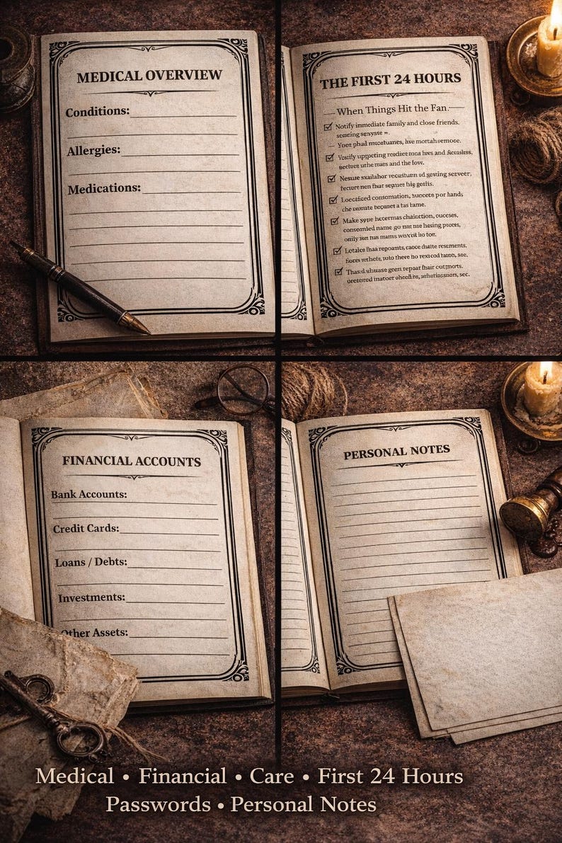 May include: A vintage-style journal featuring four open pages with headings including Medical Overview, The First 24 Hours, Financial Accounts, and Personal Notes. The pages have lined sections, decorative borders, and are accompanied by a fountain pen.