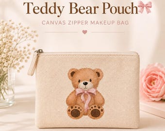 Estuche de lona con cremallera y diseño de osito de peluche, neceser de maquillaje Coquette.