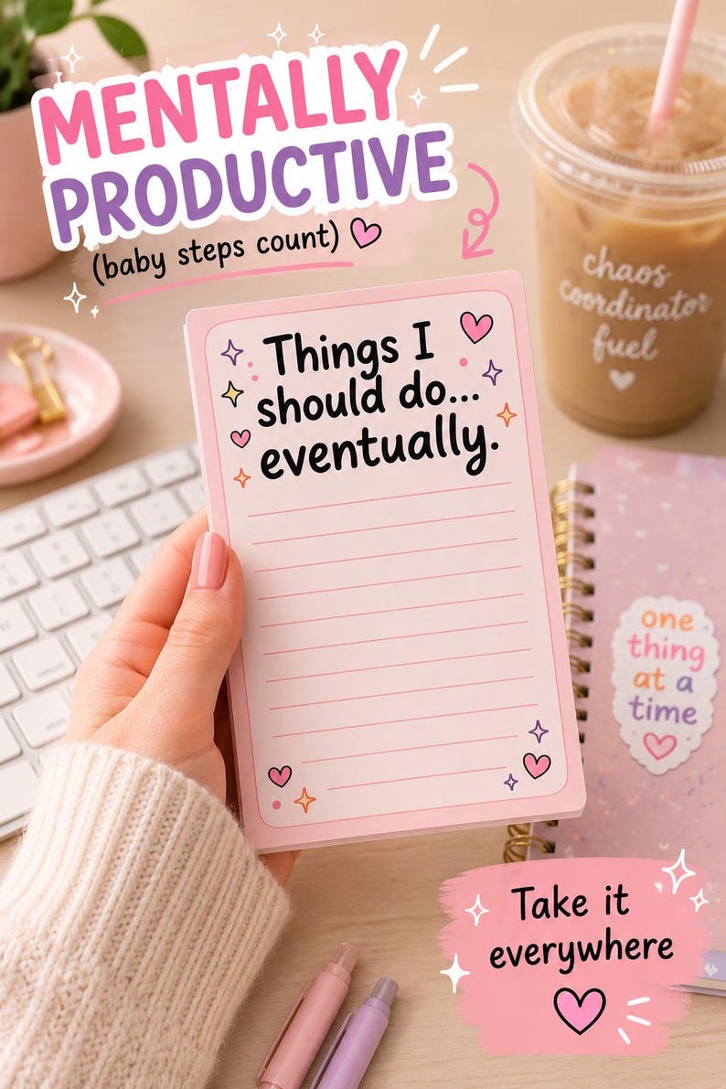 May include: A rectangular light pink notepad featuring the black text Things I should do... eventually. The notepad includes horizontal lines for writing, decorated with small pink hearts and four-pointed star icons in the corners of the page.