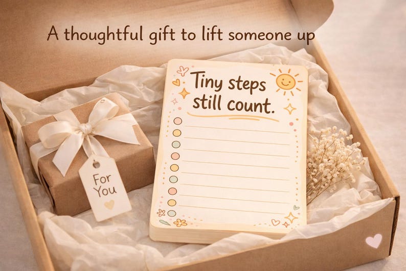 K&ouml;nnte beinhalten: Eine Pappschachtel mit einem Notizblock mit dem Text Tiny steps still count, einem kleinen braunen Geschenkpaket mit wei&szlig;er Schleife und einem Anh&auml;nger mit der Aufschrift For You sowie getrockneten Blumen. Der Deckel tr&auml;gt den Text A thoughtful gift to lift someone up.