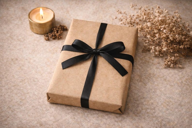 K&ouml;nnte beinhalten: Ein rechteckiges Geschenkpaket, eingewickelt in schlichtes braunes Kraftpapier und mit einem glatten, schwarzen Satinband zu einer mittigen Schleife gebunden. Das Paket liegt neben einer kleinen, brennenden goldfarbenen Kerze und getrockneten beigen Blumen.