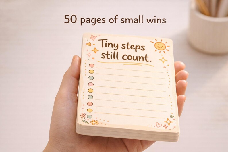 K&ouml;nnte beinhalten: Ein rechteckiger Notizblock mit 50 Seiten f&uuml;r kleine Erfolge, mit dem Text Tiny steps still count. Das cremefarbene Papier hat eine linierte Checkliste mit bunten runden Aufz&auml;hlungspunkten, einer l&auml;chelnden Sonne sowie kleinen Sternen und Herzen.
