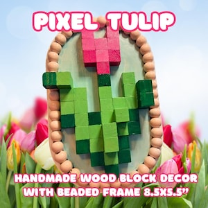 Pixel Tulip Wall Art – 3D Minecraft-Inspired Flower – Handmade Wood Block Decor with Beaded Frame – 8.5x5.5 Inches