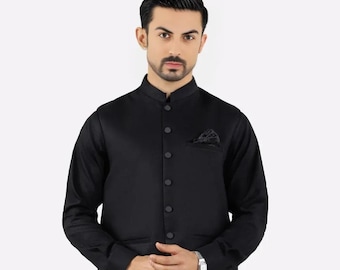 Handmade Black Shalwar Kameez with Nehru Waistcoat: Pakistani Indian Outfit
