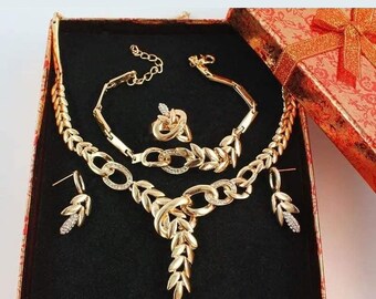 Gold Plated Leaf Bridal Jewelry Set: Necklace, Earrings, Bracelet & Ring