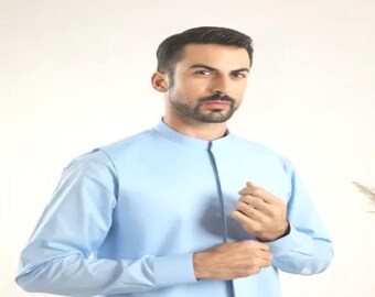 Sky Blue Handmade Shalwar Kameez with Nehru Waistcoat: Pakistani Indian Men's Outfit