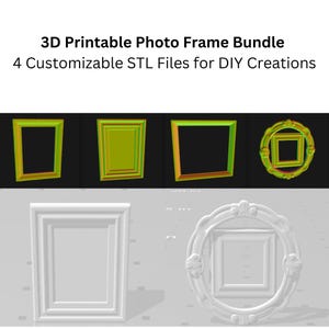 May include: A bundle of four 3D printable photo frame designs. The frames are shown in different styles, including a simple square frame, a frame with a decorative border, and a round frame with a decorative border. The frames are customizable and can be printed in a variety of colors and materials.
