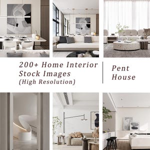 Peut inclure: Une collection d'images présentant le design intérieur d'un appartement moderne en penthouse. Les images présentent un salon avec un canapé blanc, une salle à manger avec une table et des chaises blanches, une chambre à coucher avec un lit blanc et une salle de bain avec une baignoire blanche. Les images sont de haute résolution et parfaites pour une utilisation dans des projets de design ou pour l'inspiration.