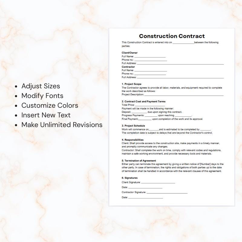 Editable Construction Contract Template | Printable Business Agreement ...