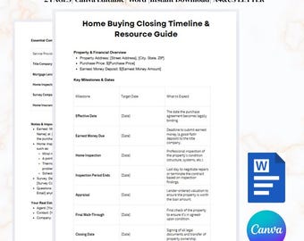 Home Buying Closing Timeline & Resource Guide | Editable Real Estate Checklist | Canva and Word Document | A4, US Letter