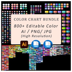 May include: A digital download of 800+ editable color charts in AI, PNG, and JPG formats. The charts feature a variety of gradient colors in high resolution.