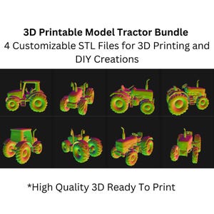 Könnte beinhalten: Ein Satz von acht 3D-druckbaren Traktormodellen. Die Modelle sind in verschiedenen Farben, darunter Grün, Rot und Blau. Die Modelle sind druckfertig und von hoher Qualität.