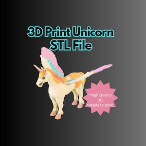 Könnte beinhalten: Ein 3D-gedrucktes Einhorn-Modell mit bunten Flügeln und einem Horn. Der Text "3D Print Unicorn STL File" ist über dem Einhorn zu sehen. Ein rosa Stern zeigt "High Quality 3D" und "Ready to print".
