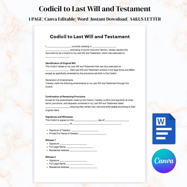 Codicille Codicil to Last Will and Testament Template – Editable Legal Form ...