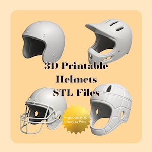 Könnte beinhalten: Vier weiße, 3D-druckbare Helme werden vor einem hellorangen Hintergrund gezeigt. Die Helme umfassen einen Motorradhelm, einen Baseballhelm, einen Footballhelm und einen Fahrradhelm. Der Text lautet "3D Printable Helmets STL Files".