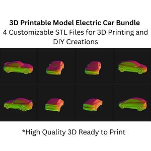 May include: Eight different views of a 3D printable model of an electric car. The model is shown in various colors, including red, green, and blue. The text "3D Printable Model Electric Car Bundle" and "4 Customizable STL Files for 3D Printing and DIY Creations" is displayed at the top of the image. The text "*High Quality 3D Ready to Print" is displayed at the bottom of the image.