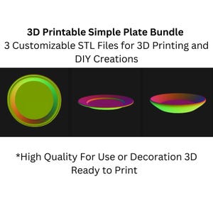 May include: Three 3D printable plate designs. The plates are in various shapes and sizes, with a green, red, and purple color scheme. The plates are ready to print and use for decoration or as functional dishes.