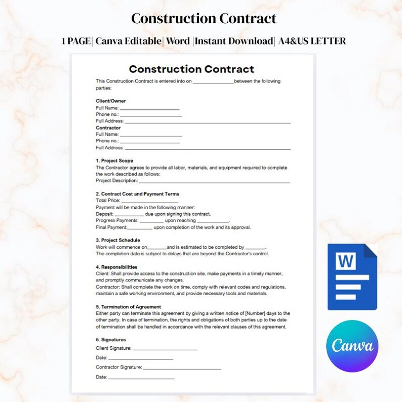Editable Construction Contract Template | Printable Business Agreement ...
