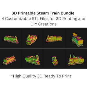 Puede incluir: Ocho modelos de locomotoras de vapor impresos en 3D en varios colores. Los modelos están listos para imprimir y son de alta calidad.