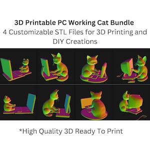 May include: A set of eight 3D printable models of cats working on computers. The cats are in various poses, including sitting, standing, and typing. The models are in a rainbow of colors, including red, orange, yellow, green, blue, indigo, and violet. The models are ready to print and are high quality.