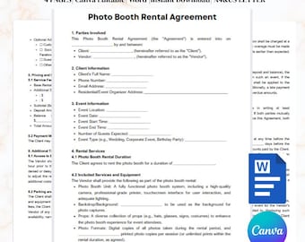 Sjabloon huurovereenkomst voor fotohokje | Bewerkbaar canvas- en woordcontract | Direct downloaden | A4 en US Letter | Contract leverancier evenement