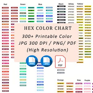 May include: A digital color chart with 300+ printable colors, including red, green, blue, black, white, and yellow. The chart is available in JPG, PNG, and PDF formats, with a high resolution.