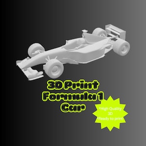 Pode incluir: Um carro de Fórmula 1 impresso em 3D em cinza claro, sobre um fundo gradiente cinza escuro. O texto "3D Print Formula 1 Car" é amarelo, com uma estrela amarela que diz "High Quality 3D Ready to print."
