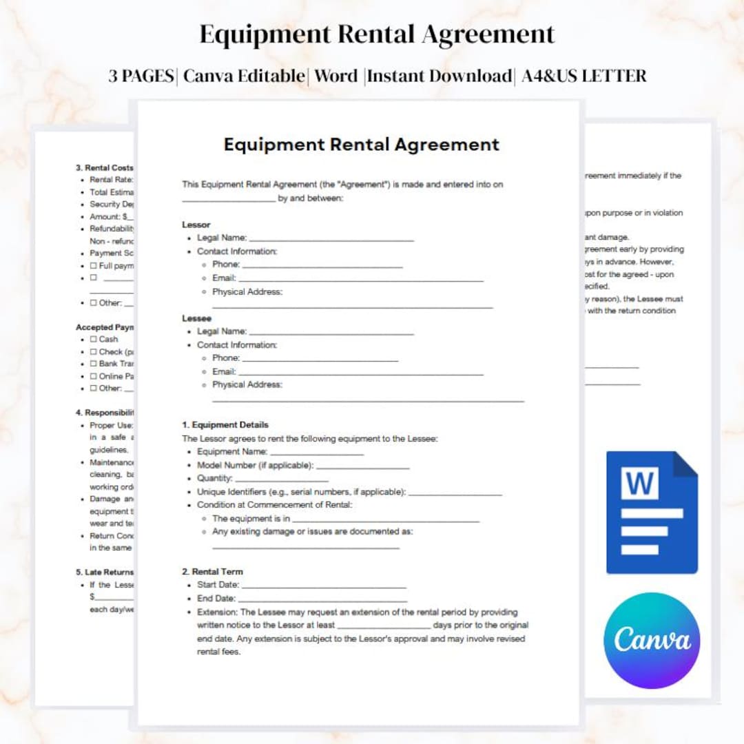 Equipment Rental Agreement Template | Editable Contract in Canva & Word ...