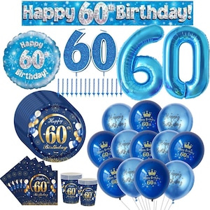 May include: A set of blue and silver 60th birthday party decorations. Includes balloons, plates, cups, napkins, candles, and a banner that reads "Happy 60th Birthday!"
