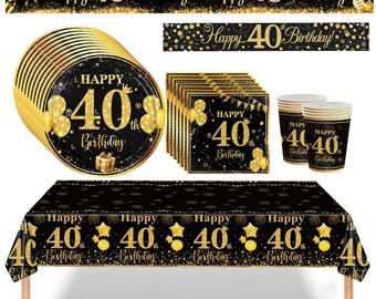 May include: A 40th birthday party supply set featuring a black and gold colour scheme. Includes a banner, round plates, square napkins, paper cups, and a rectangular tablecloth, all decorated with gold glitter accents and the text Happy 40th Birthday.