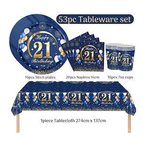 May include: A 53-piece navy blue 21st birthday tableware set. Includes plates, napkins, cups, and a tablecloth. The plates, napkins, and cups feature a gold "21st Birthday" design with balloons. The tablecloth measures 274cm x 137cm.