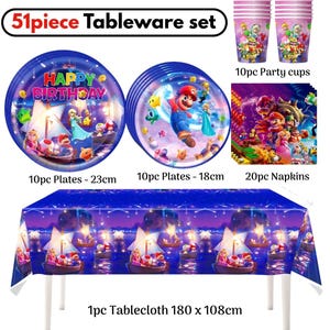 May include: A 51-piece Super Mario themed tableware set including 10 party cups, 10 plates measuring 23cm, 10 plates measuring 18cm, 20 napkins, and one 180 x 108cm tablecloth. The items feature colourful graphics of Mario, Princess Peach, and Toad.
