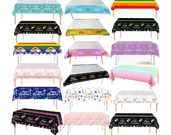 Happy Birthday Tablecloths– Black gold blue pink purple Rainbow Party Table Covers, Birthday Decorations