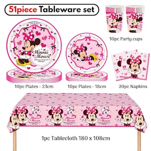 May include: A 51-piece Minnie Mouse tableware set featuring 10 plates at 23cm, 10 plates at 18cm, 10 party cups, 20 napkins, and one 180 x 108cm tablecloth. All items are pink with Minnie Mouse graphics, hearts, and bows, with text including Minnie Mouse.
