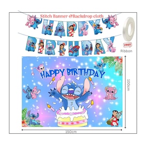 May include: A blue birthday backdrop featuring the character Stitch, with the words "Happy Birthday" and a banner that says "Stitch Banner & Backdrop cloth". The backdrop is 100cm high and 150cm wide.