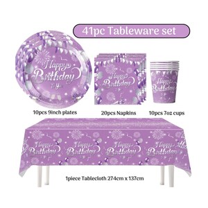 Purple Birthday Party Tableware Set – 41pc Plates, Cups, Napkins & Tablecloth Supply