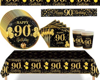 90th Birthday Decorations - Black gold 90th Tablecloth, Plates, Napkins, Banner, Balloon, Party Supplies